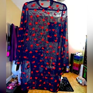 Heart print, see through mesh long sleeve mini dress